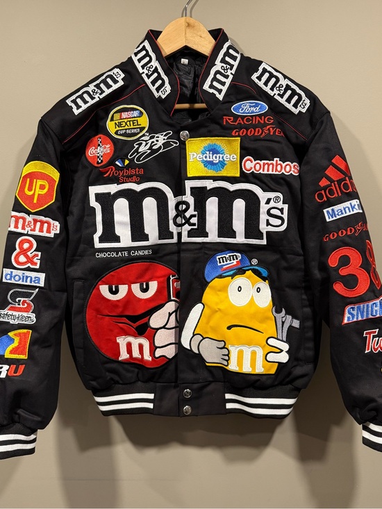 M&M'S Other - M&M'S Nascar inspired Black Bomber denim fullzip Jacket w/ stitched characters